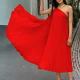 Plus Size Pleated Slash Shoulder Loose Midi Dress GCZF-8552