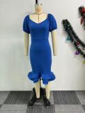 Plus Size Lantern Sleeve Wave Hem Midi Dress NY-10923