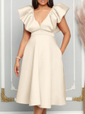 Plus Size Deep V Neck Solid Midi Dress GCZF-8544
