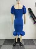 Plus Size Lantern Sleeve Wave Hem Midi Dress NY-10923