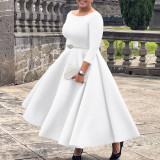 Plus Size Solid Color Half Sleeve Midi Dress(With Belt) GCZF-8600
