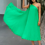 Plus Size Pleated Slash Shoulder Loose Midi Dress GCZF-8552