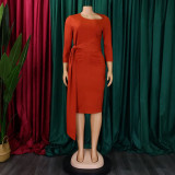 Plus Size Pleated 3/4 Sleeve Solid Midi Dress GCZF-8516