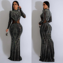 Long Sleeve Mesh Hot Drill Maxi Dress BY-6863