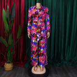 Plus Size Lapel Print Shirt Wide Leg Pants Suit GCZF-8597