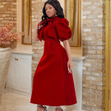Plus Size Solid Color Bow Tie Midi Dress GCZF-D235-C1
