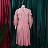 Plus Size Lace Hollow Out Press Pleated Midi Dress GCZF-D254-C2