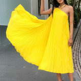 Plus Size Pleated Slash Shoulder Loose Midi Dress GCZF-8552