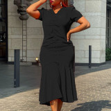 Plus Size Solid Color V Neck Short Sleeve Midi Dress GCZF-8507