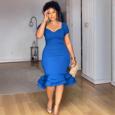 Plus Size Lantern Sleeve Wave Hem Midi Dress NY-10923