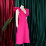 Plus Size Deep V Neck Solid Midi Dress GCZF-8544