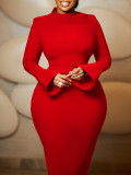 Plus Size Solid Color Long Sleeve Midi Dress GCZF-8606