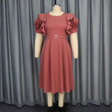 Plus Size Ruffles Sleeve Solid Color Midi Dress GKEN-040736