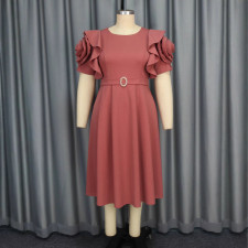Plus Size Ruffles Sleeve Solid Color Midi Dress GKEN-040736
