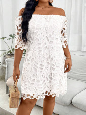 Solid Hollow Out Lace Off Shoulder Midi Dress GWDS-241010