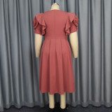 Plus Size Ruffles Sleeve Solid Color Midi Dress GKEN-040736