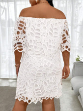 Solid Hollow Out Lace Off Shoulder Midi Dress GWDS-241010