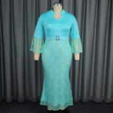 Plus Size Print Flare Sleeve Lace Patchwork Fishtail Dress GKEN-040701