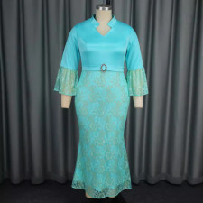 Plus Size Print Flare Sleeve Lace Patchwork Fishtail Dress GKEN-040701