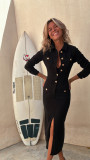 Long Sleeve Single-breasted Denim  Midi Dress GYAN-29283