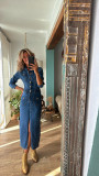 Long Sleeve Single-breasted Denim  Midi Dress GYAN-29283