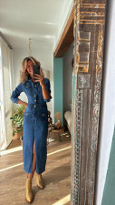 Long Sleeve Single-breasted Denim  Midi Dress GYAN-29283