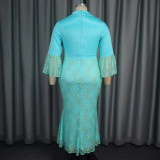 Plus Size Print Flare Sleeve Lace Patchwork Fishtail Dress GKEN-040701