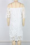 Solid Hollow Out Lace Off Shoulder Midi Dress GWDS-241010