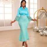Plus Size Print Flare Sleeve Lace Patchwork Fishtail Dress GKEN-040701
