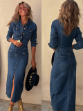 Long Sleeve Single-breasted Denim  Midi Dress GYAN-29283