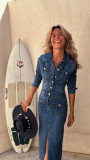 Long Sleeve Single-breasted Denim  Midi Dress GYAN-29283
