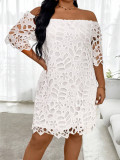 Solid Hollow Out Lace Off Shoulder Midi Dress GWDS-241010