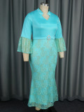 Plus Size Print Flare Sleeve Lace Patchwork Fishtail Dress GKEN-040701