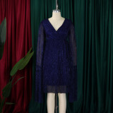 Plus Size V Neck Long Sleeve Midi Dress GMLF-3305