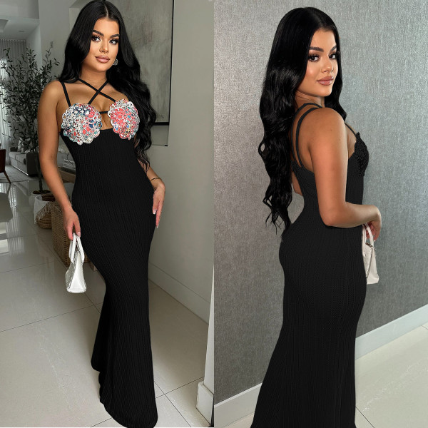 Sleeveless Sling Lace Solid Color Maxi Dress BY-7102
