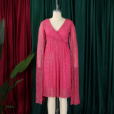 Plus Size V Neck Long Sleeve Midi Dress GMLF-3305