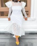 Plus Size Striped Bubble Sleeve Midi Dress GXYY-7008