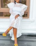 Plus Size Striped Bubble Sleeve Midi Dress GXYY-7008