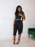 Pre Order: About 7 work days shipping Solid Color Slash Shoulder Tie Two Piece Pants Set YUEM-320390