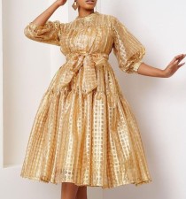 Plus Size 3/4 Sleeve Tie Up Midi Dress GXYY-8299
