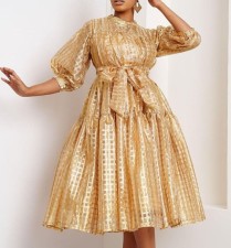 Plus Size 3/4 Sleeve Tie Up Midi Dress GXYY-8299