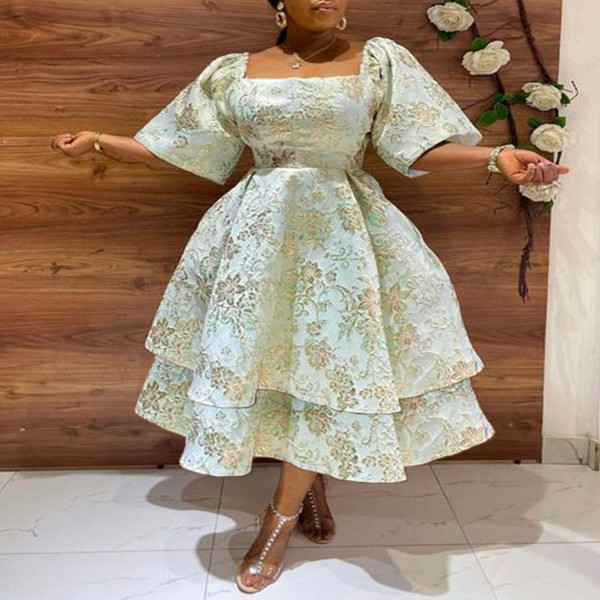 Plus Size Print Bubble Short Sleeve Midi Dress GXYY-8061