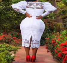 Plus Size Solid Lace Patchwork Midi Dress GXYY-8032