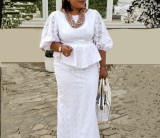 Plus Size Lace Loose Bubble Sleeve Skirt Suit GXYY-8287