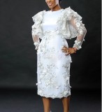 Petal Lace Lace Ruffle Long Sleeve Midi Dress GXYY-8261
