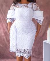 Plus Size Lace Short Sleeve Slim Midi Dress GXYY-8222