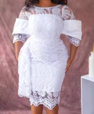 Plus Size Lace Short Sleeve Slim Midi Dress GXYY-8222