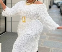 Plsu Size Furry Tassel Belt Long Sleeve Midi Dress GXYY-8278