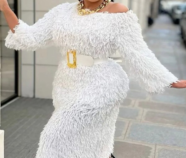 Plsu Size Furry Tassel Belt Long Sleeve Midi Dress GXYY-8278