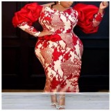 Plus Size Bubble Sleeve Printed Midi Dress GXYY-8089
